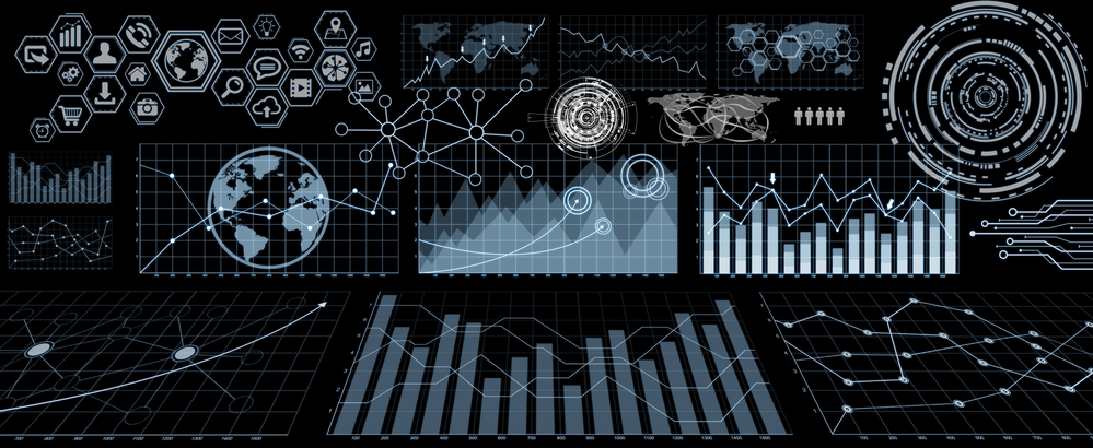 Image of numerous charts, screens and graphics background interface