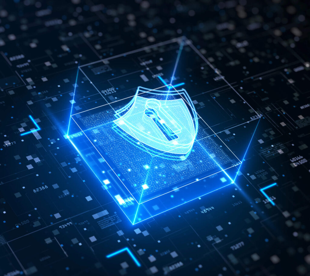 Blue crest in square representing security compliance